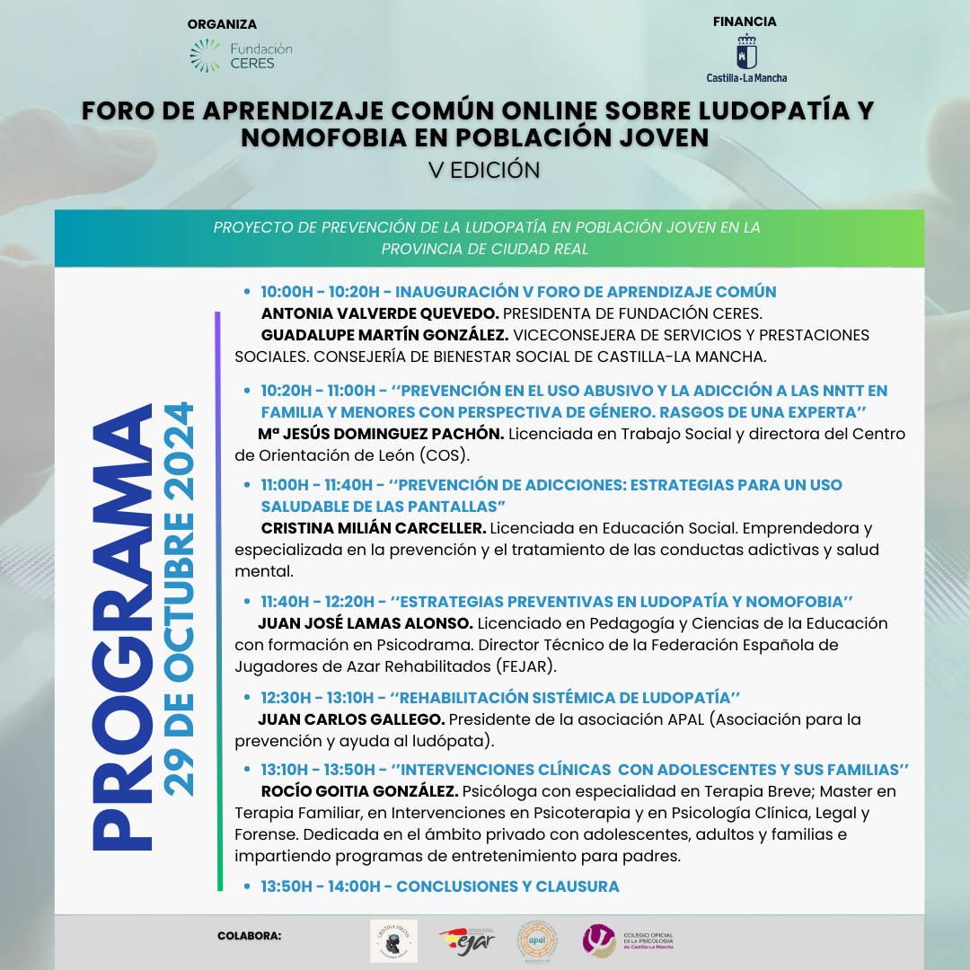 Fundación CERES presenta la V Edición de su Foro de Aprendizaje Común Online sobre Ludopatía y Nomofobia en población joven